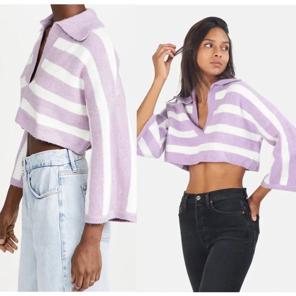 NWT LOVE LEMONS 90s Lavender Stripe V-Neck Oversized Soft Knit Cropped Sweater L